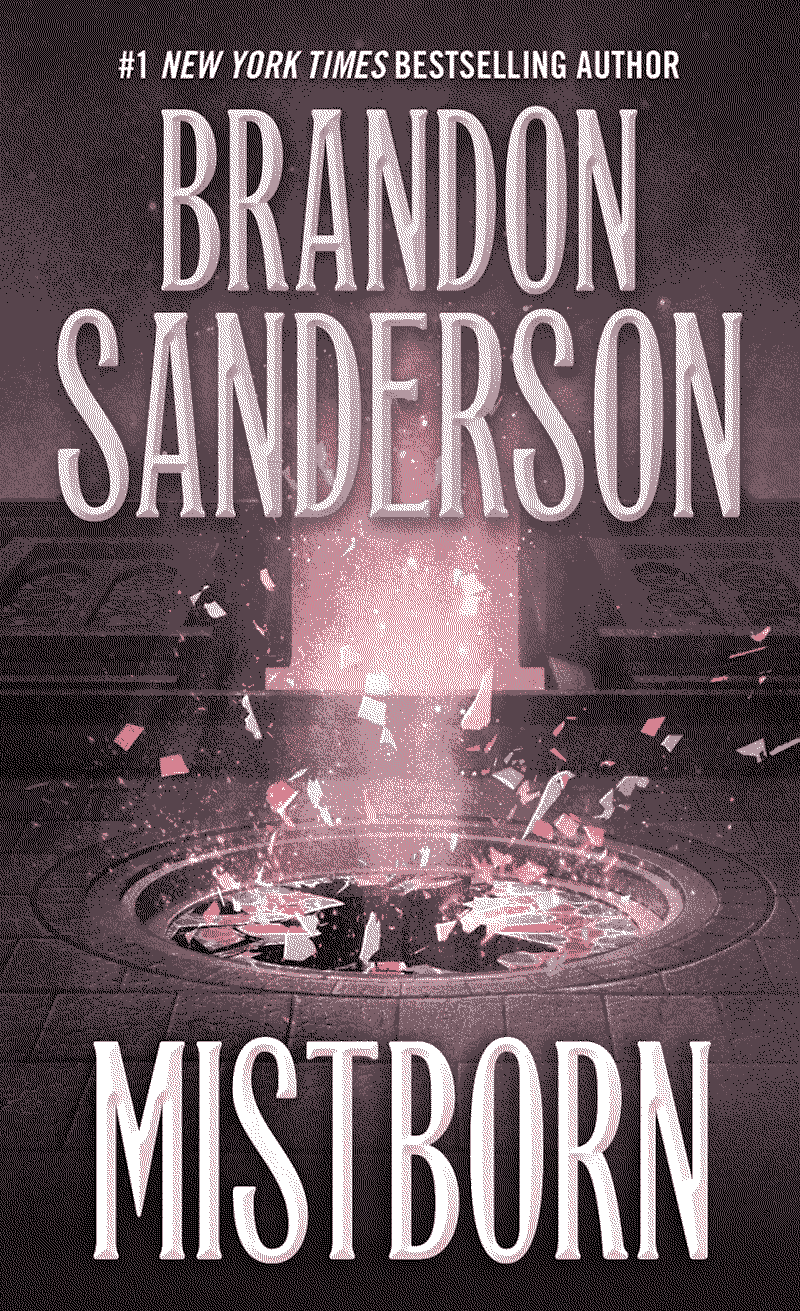 The cover of the novel Mistborn: The Final Empire. It shows a shattering stained glass window set in the side of a stately gray brick building.